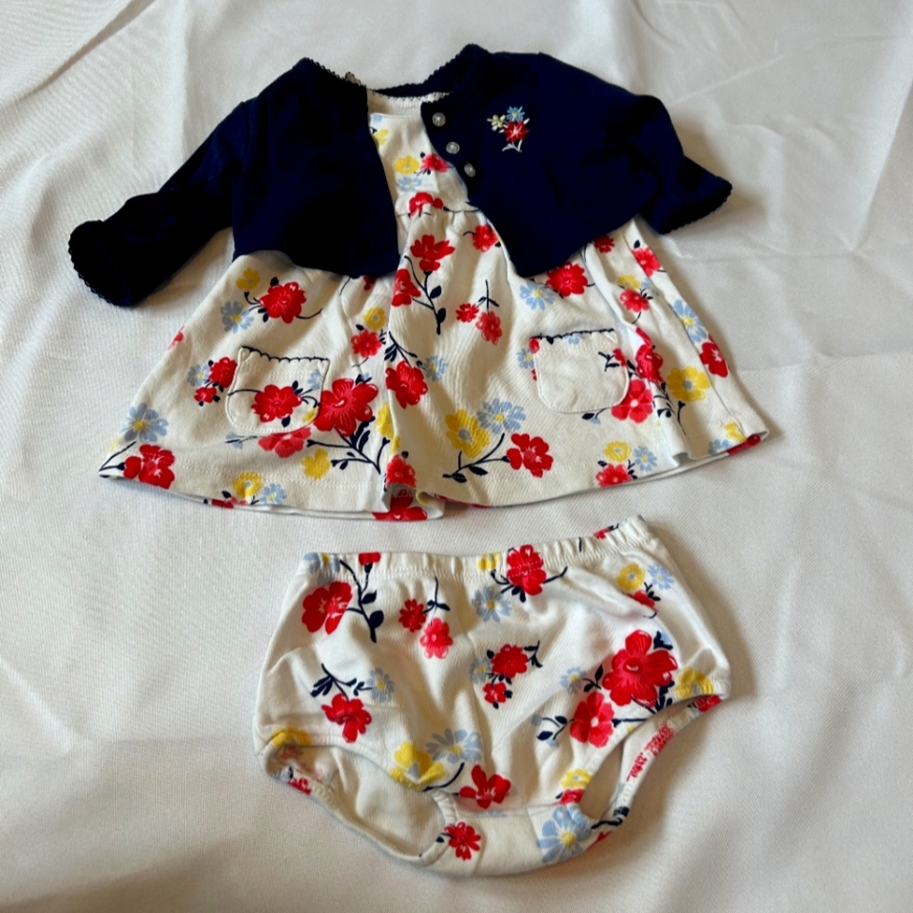 LITTLE ME 3-PIECE KNIT FLORAL DRESS WITH CARDIGAN INFANT BABY SIZE 3 MONTHS